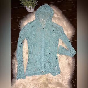 Mifresia sea green crochet hooded Long sleeve zip Up jacket Swimsuit Coverup